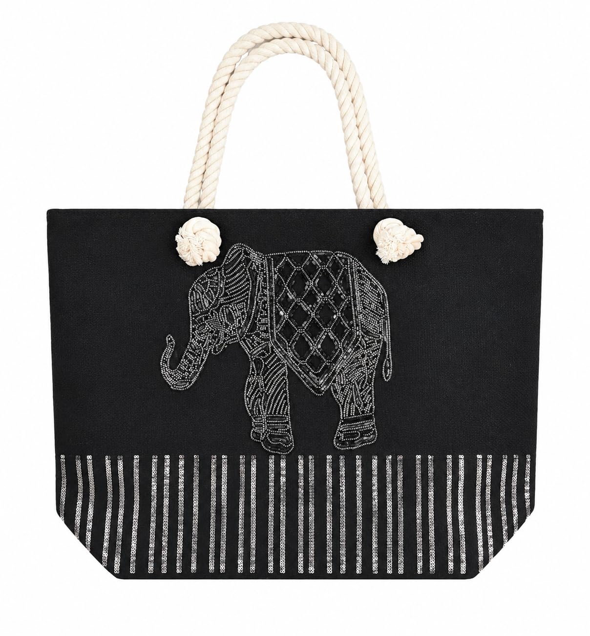 Elephant Embroidered Canvas Tote Bag for Women | Large Beach Bag with Strong Rope Handles & Zipper Closure | Stylish Shopping Bag for Travel, Office, Market & Daily Use | (Black and Silver)