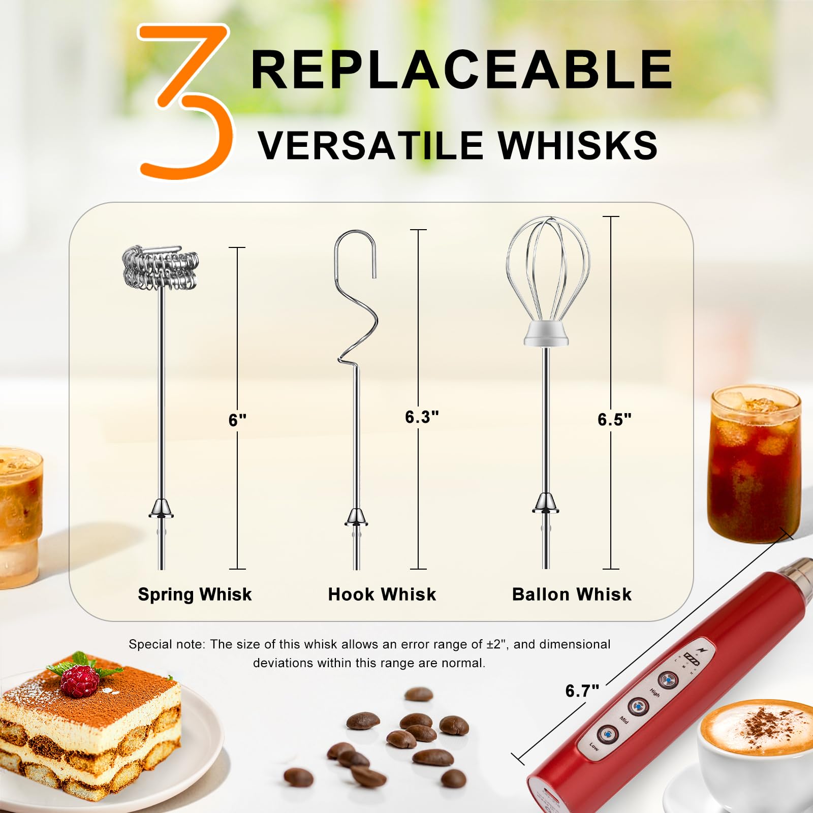 YUSWKO Red Milk Mousseur à lait portatif avec 3 têtes, fouet à café mélangeur en mousse avec 3 vitesses rechargeable par USB, mini mousseur manuel électrique pour latte, cappuccino, chocolat chaud