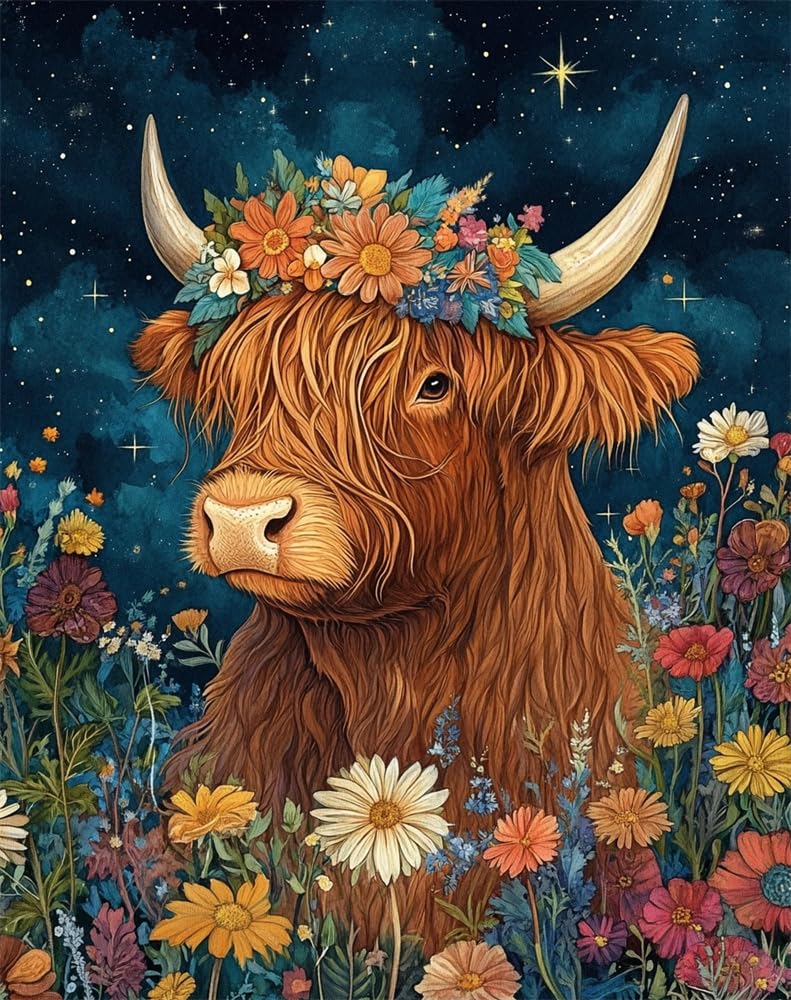 Henypt DIY Cross Stitch Counted Kits Stamped Kit Cross-Stitching Pattern for Home Decor Highland Cattle Wearing A Floral-Wreath Hat 11Ct Fabric Embroidery Crafts Needlepoint Kit Adult Craft Kits