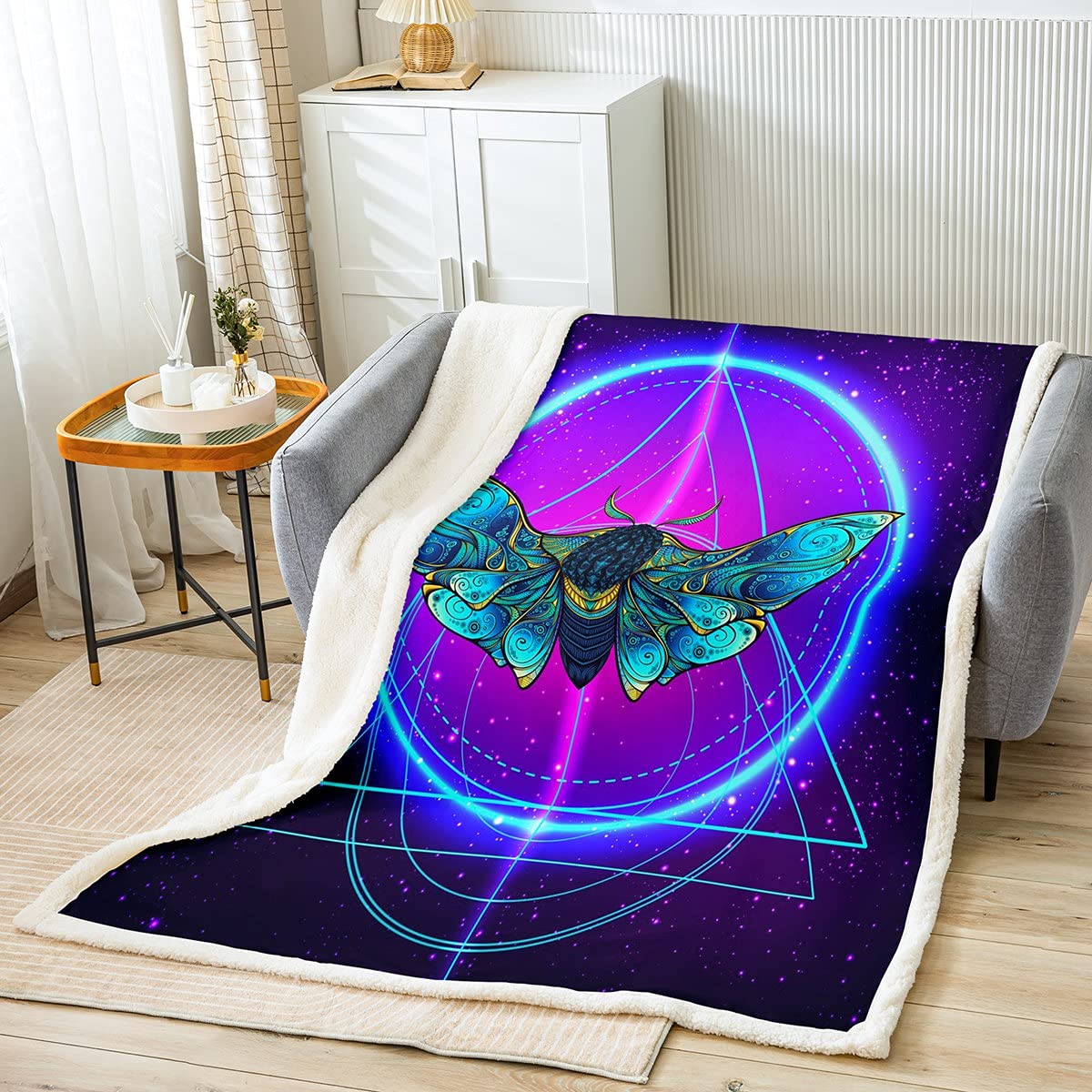 Richhome Girls Multi 12 Boho Blanket, Moth Print Plush Single Blankets Soft Comfy Warm Bedroom Blanket Single For Kids Boys, Galaxy Tribe Exotic Decor, Purple Double 60"X79"