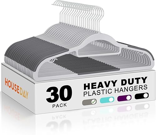 HOUSE DAY - Perchas de plástico de calidad, paquete de 30 unidades, perchas antideslizantes de plástico gris, perchas ultra delgadas con gancho