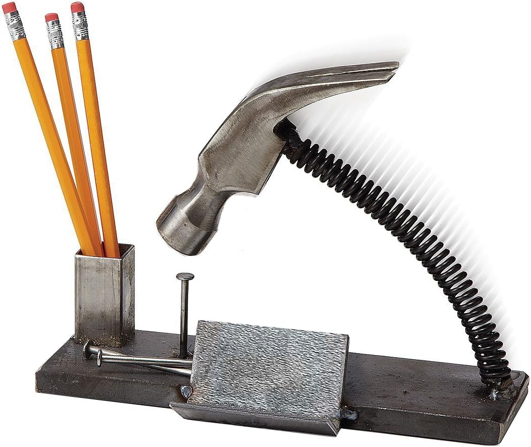 Welded Metal Art Hammer Hits Nail Desk Business Card Holder