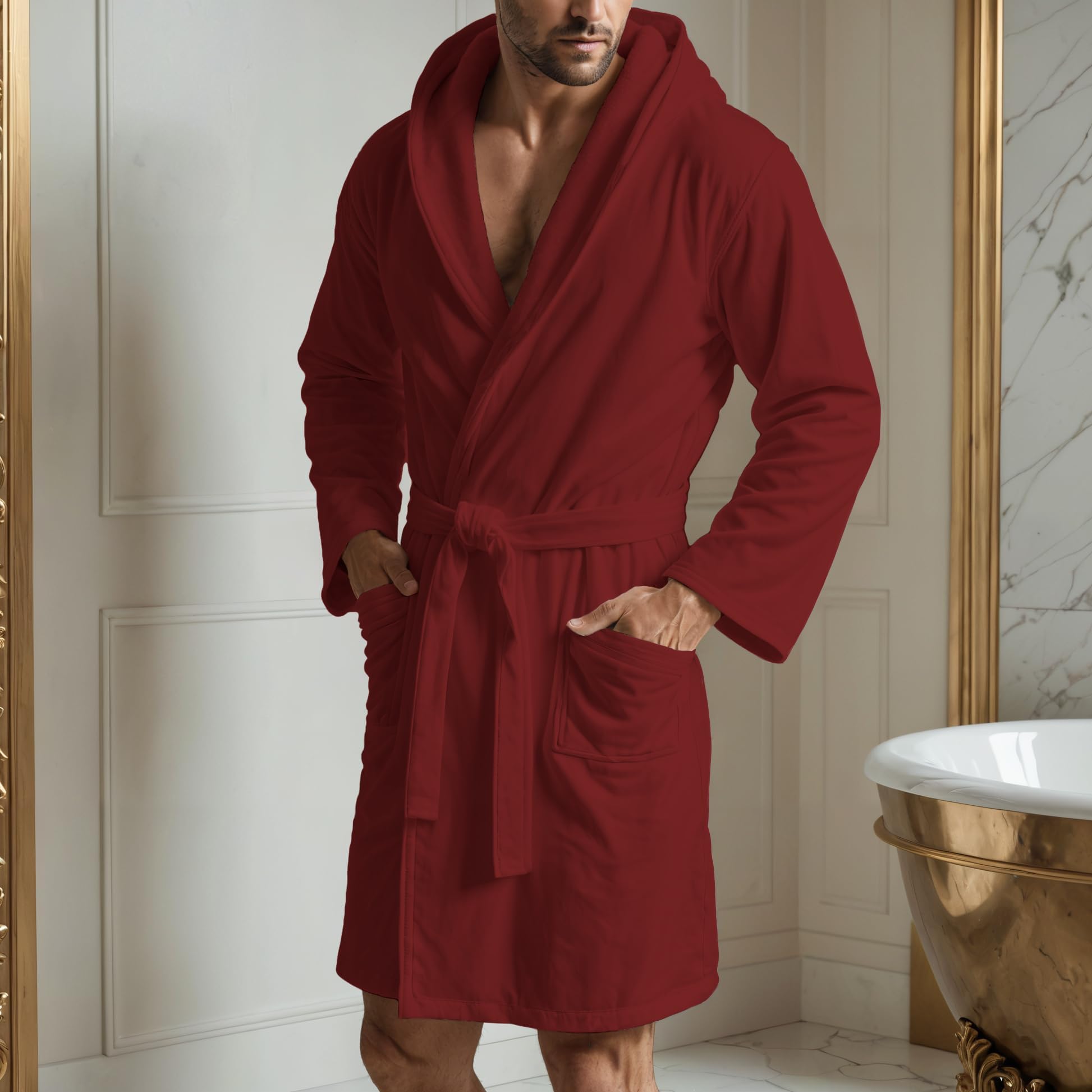 PETTI Artigiani Italiani Szlafrok z Mikrofibry Męski Damski z Kapturem, Kieszeniami, Paskiem, Unisex Szybkoschnący na Siłownię, Basen, Plażę, Spa, Bordowy, XXL