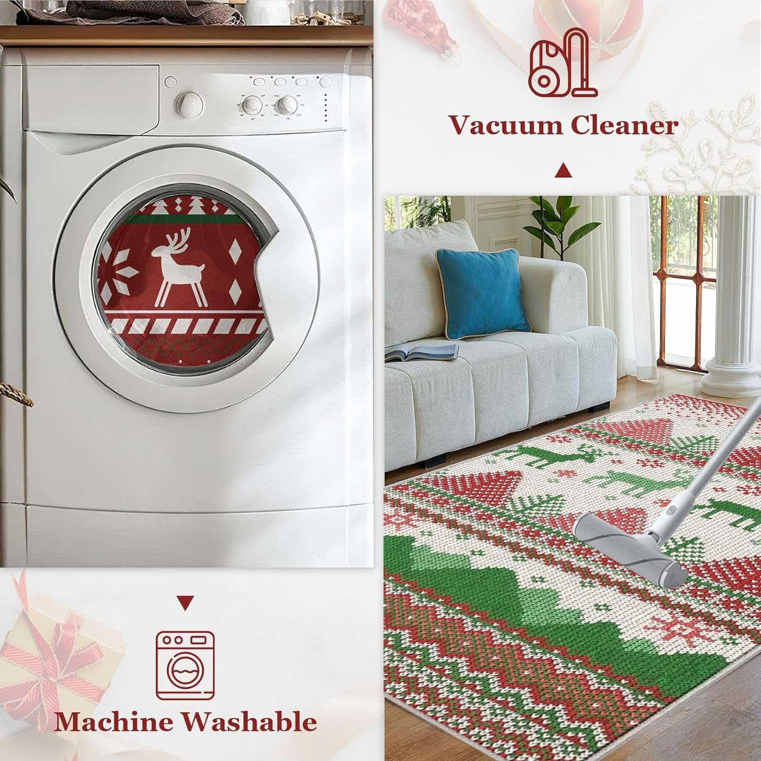 Alfombra Grande Salon con Diseño de árboles de Navidad y Renos Alfombra de Cocina Antideslizante Lavable Navideñas Alfombra Navidad de Decoración para Salon Entrada Cocina Baño,80x120cm