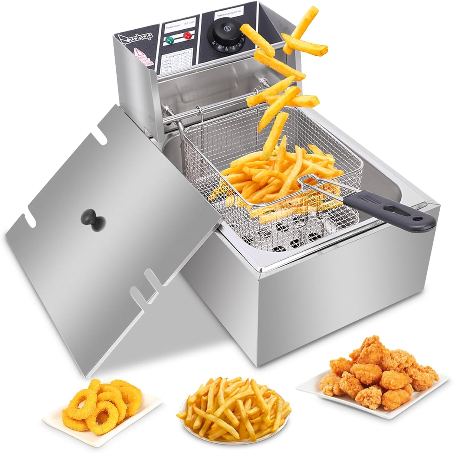 Commercial Deep Fryer,2500W Electric Countertop Fryer with Basket, 6.3Qt / 6L Stainless Steel Single Oil Fryer with Time & Temp Control, Overheat Protection, for Kitchen Restaurant Use