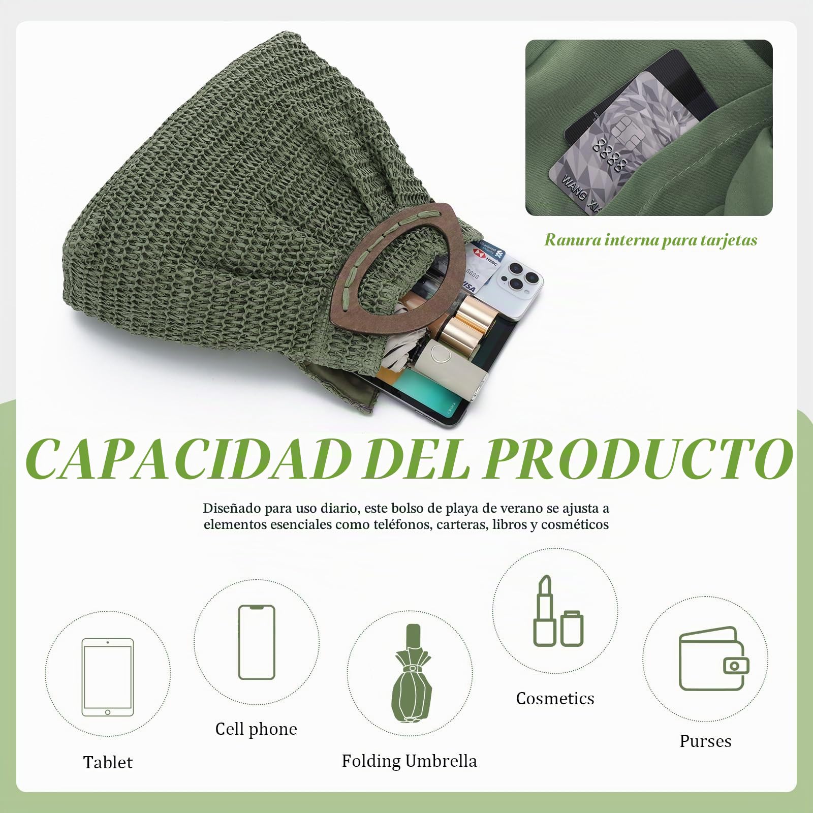 Bolso de Paja para Mujer - Bolso de Mano de Playa de Verano Tejido Bolso de Paja de Viaje con asa de Madera para Vacaciones de Fiesta