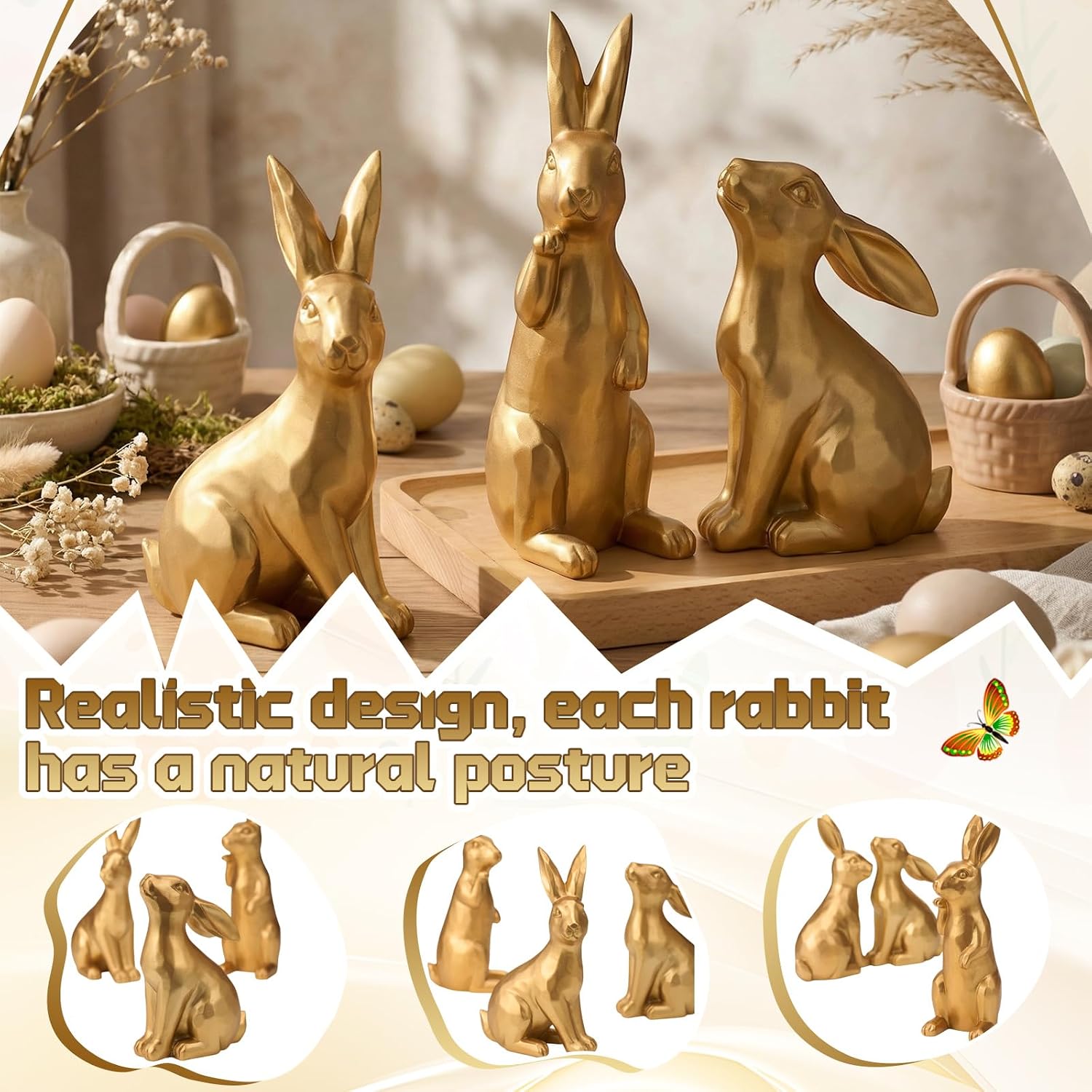 Amyhill 3 Pcs 8.3" Large Easter Bunny Figurines Decor Resin Vintage Gold Bunny Decor Rabbit Figurines Rabbits Festival Gift for Garden Home Tabletop Easter Decoration Spring Centerpiece Party Supply image 4