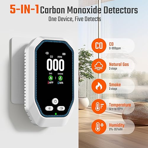 Miniatura 3 de Detectores de monóxido de carbono 5 en 1 enchufables, alarma de humo y fugas de gas natural con temperaturahumedad, batería de reserva, detector de