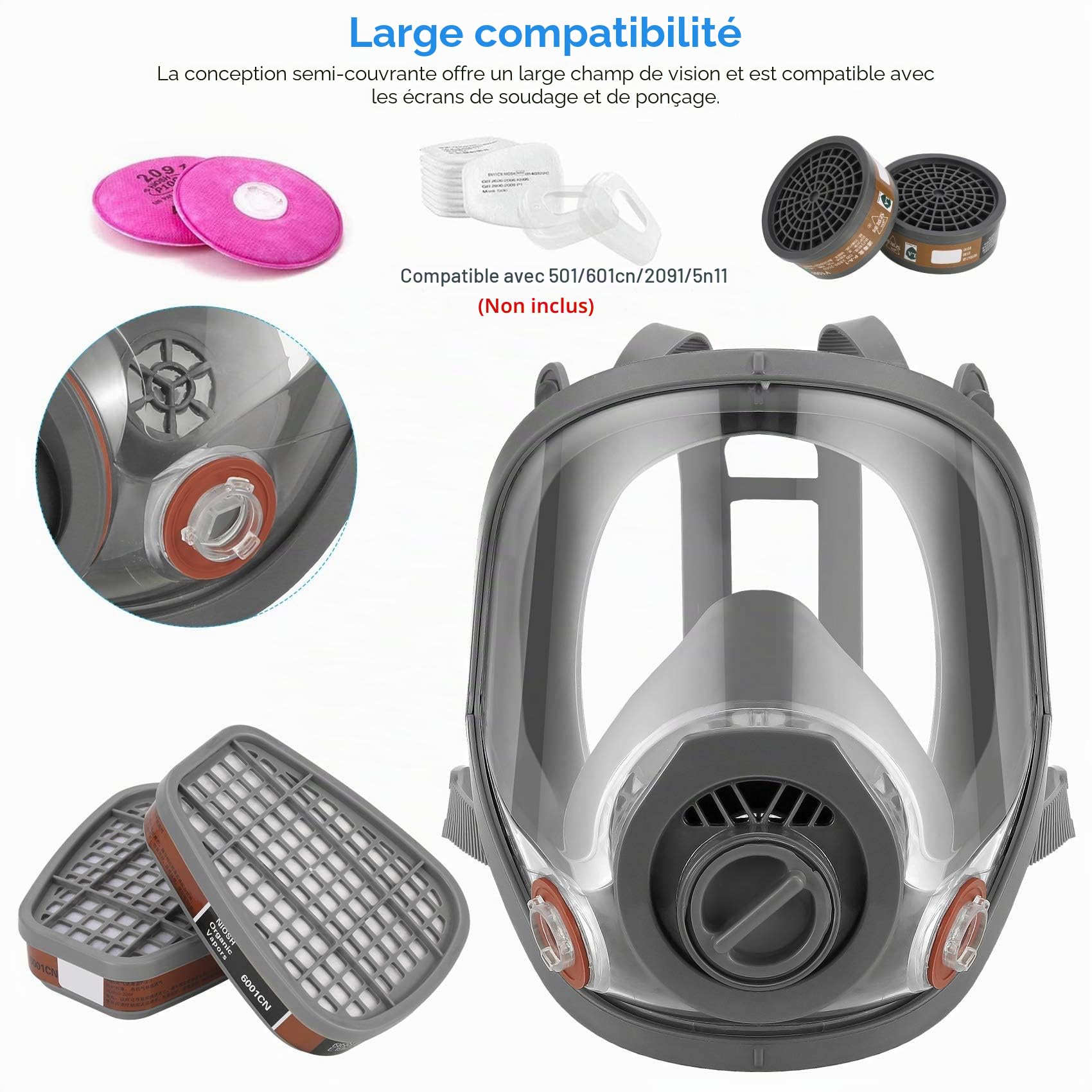 Masque de volume réutilisable avec filtre pour la protection contre les vapeurs et les particules Masque à gaz Masque anti-poussière pour peintures, vernis, travaux de menuiserie