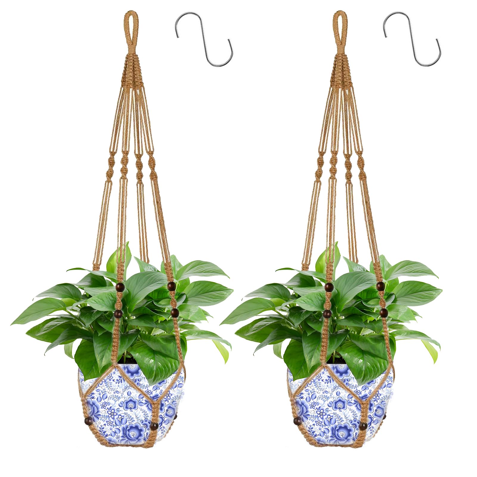 Apstaqeoo 2Pc, Brown Hanging Planters Baskets, Jute Rope Macrame Plant Hanger With 2 S Hooks, Wall Hanging Flower Pot Holder No Tassels Hanging Planter With Wood Beads For Indoor Outdoor Home Decor (2Pcs, 90Cm)