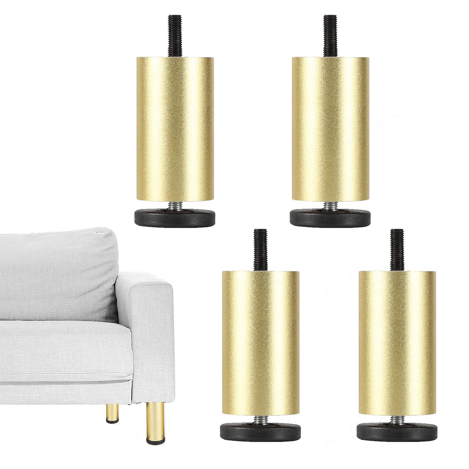 Kgudys Gold Round Metal Sofa Feet,Aluminum Alloy Cabinet Legs,Replacement Furniture Feet,Adjustable Support Legs,10/20/30Cm,For Diy Dresser,Coffee Table,Footstool,Household Table Base,4 Pack,-6Cm/2.4In
