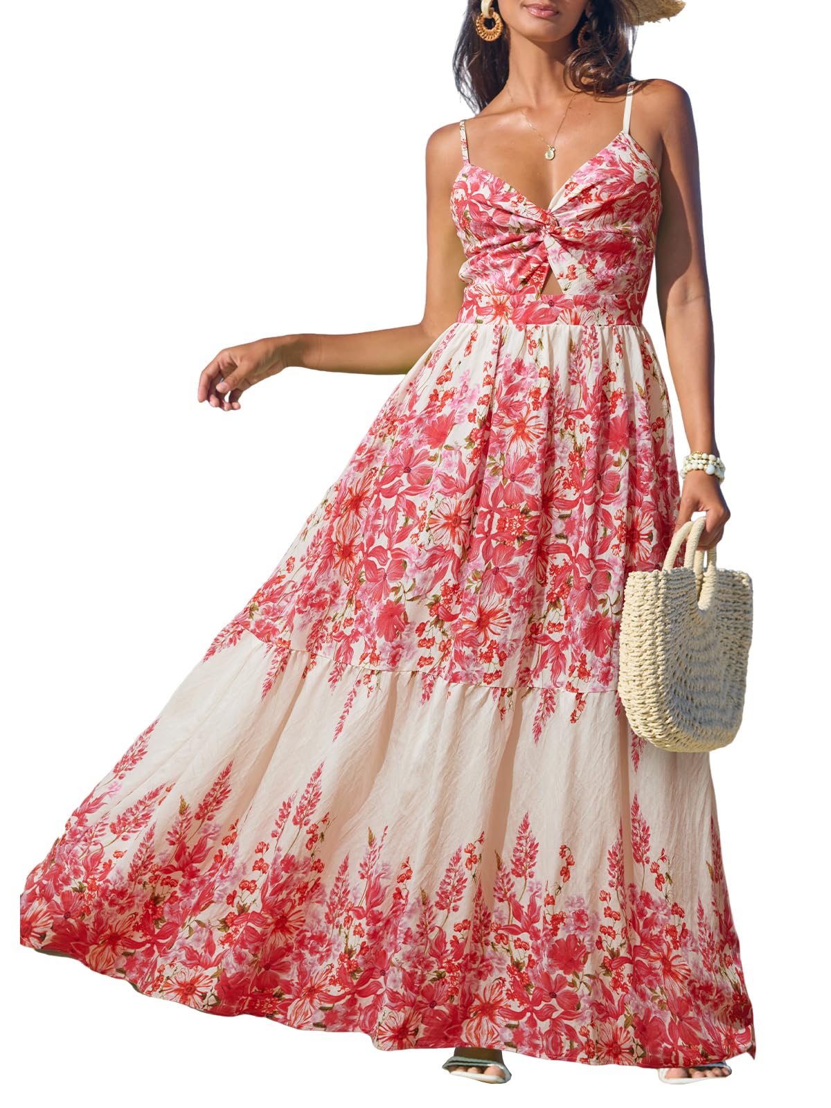 CUPSHE Maxi-jurk voor dames, bloemenprint, gedraaide V-hals, mouwloos, lange jurk, zomer, vrijetijdsjurk, XS