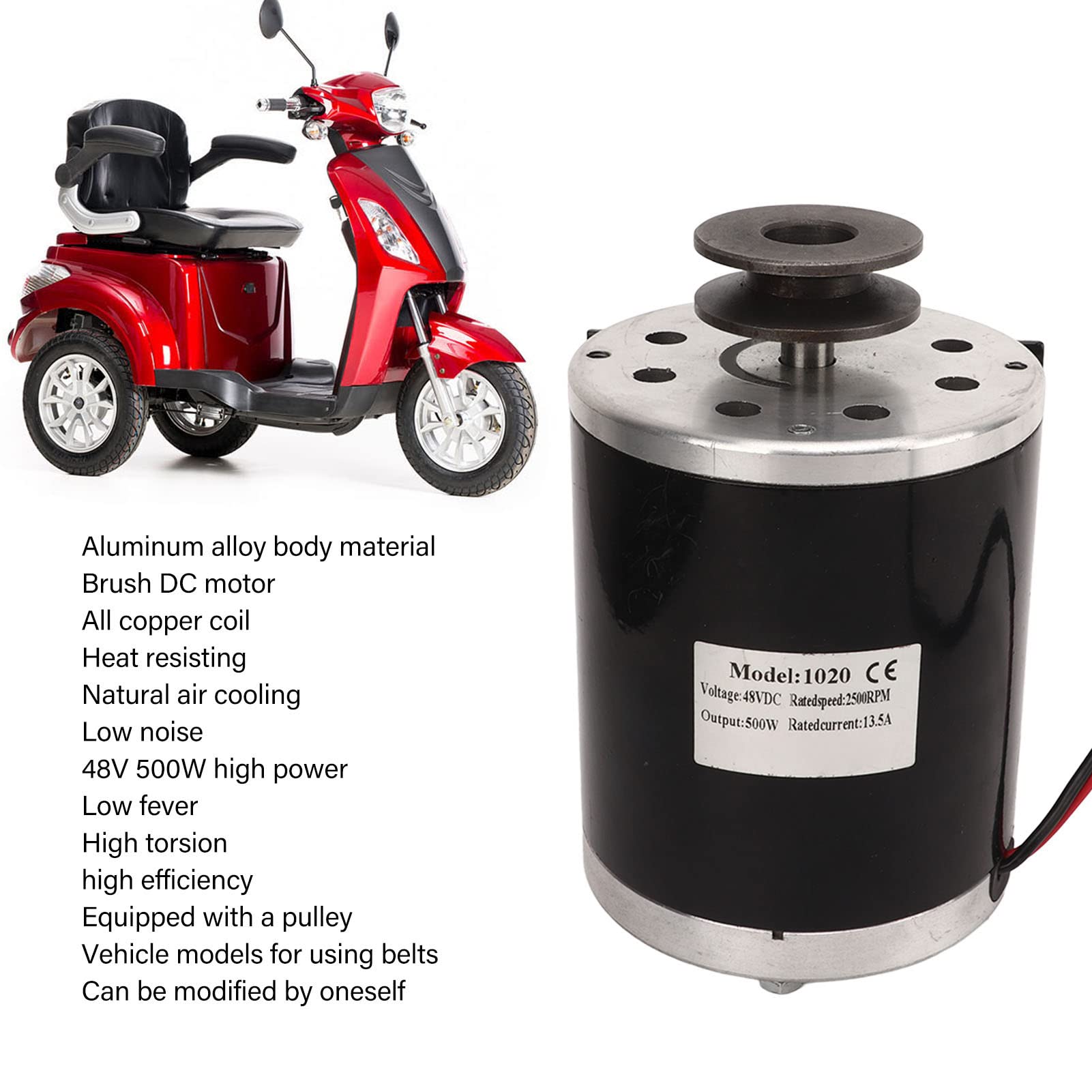 Cryfokt Motor de Polea Eléctrica de 500W, Aleación de Aluminio Cepillado de Poco Ruido para Bicicletas Eléctricas, Scooters y Motocicletas