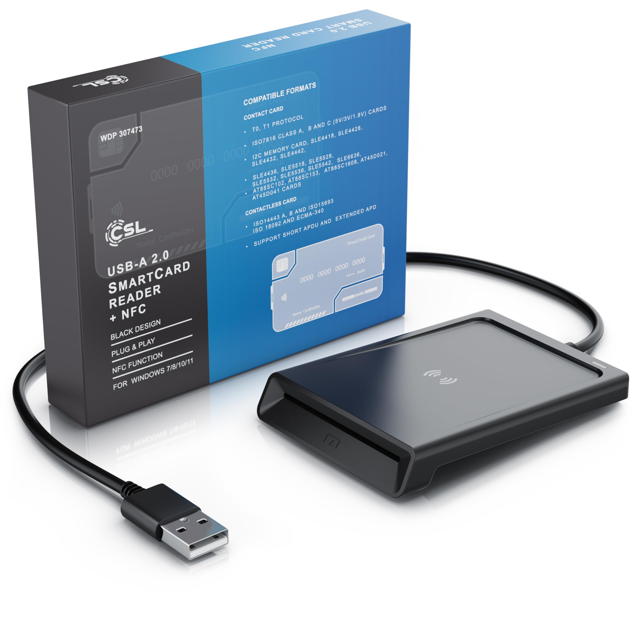 CSL - USB Chipkartenleser mit NFC - SmartCard Reader/SIM Kartenlesegerät - kompatibel mit Windows 10-11 - für den neuen Personalausweis Gesundheitskarte kein EPA Bankkarten