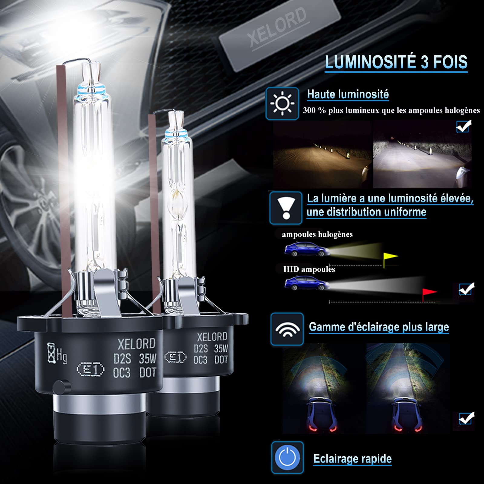 XELORD HID D1S D2S D3S Xenon Headlight Bulb,Car Low Beam High Beam,Pack of 2 (D2S 6000K), 6000 K - Image 3