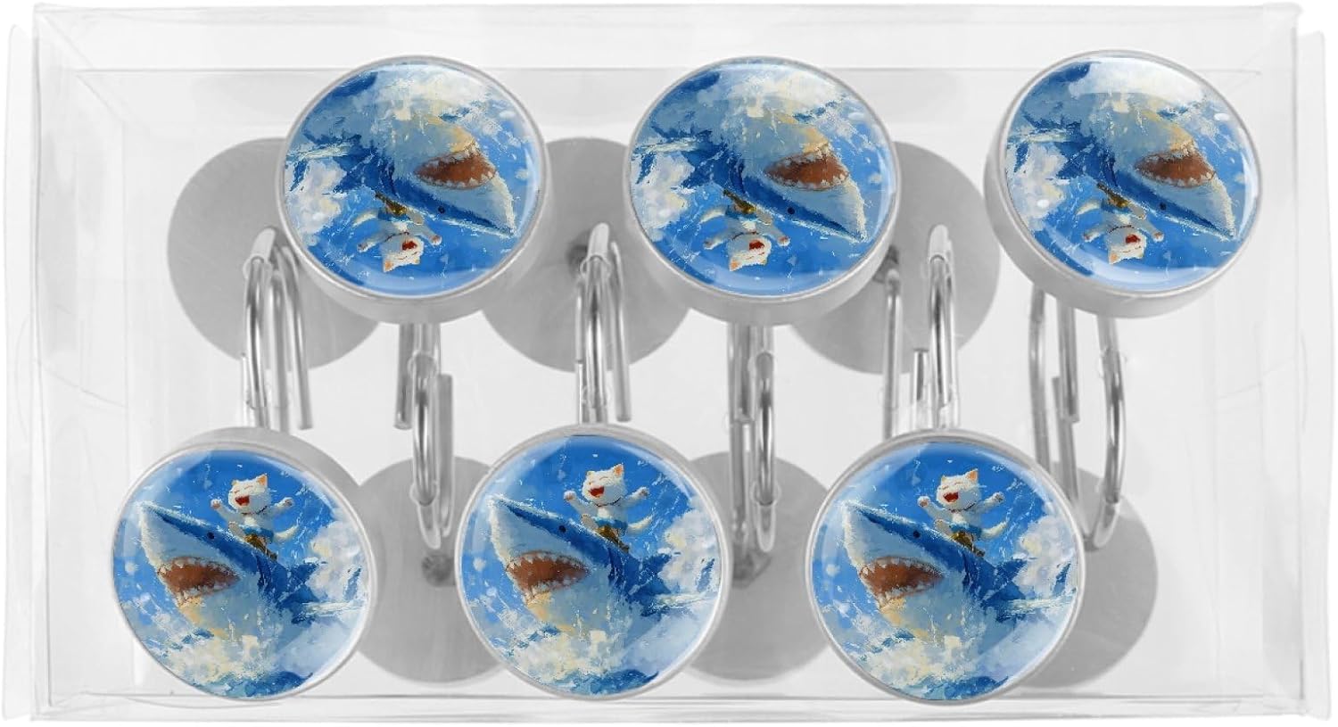 Cat Riding Shark Shower Curtain Hooks Rings, Stainless Steel Rust Proof Shower Curtain Hooks, Decorative Shower Hooks for Bathroom Shower Rods Curtains, Set of 12