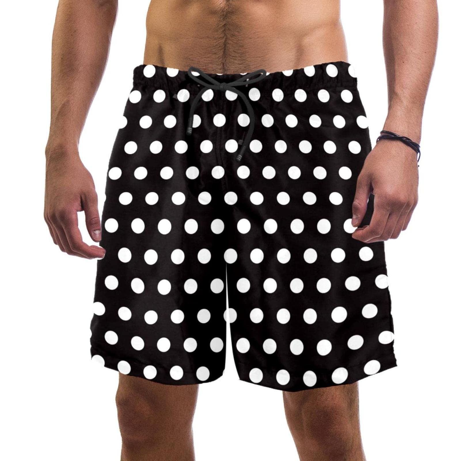 HUI JIN SHOP Polka Dots Black White Mens Swim Trunks Quick Dry Swim Shorts Swimwear Bathing Suits