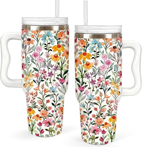 AnyDesign Flower Tumbler with Lid Straw 40 Oz Floral Stainless Steel Cup with Handle Watercolor Wildflower Travel Coffee Tumbler for Home Office Spring Party Classroom,1 Pc