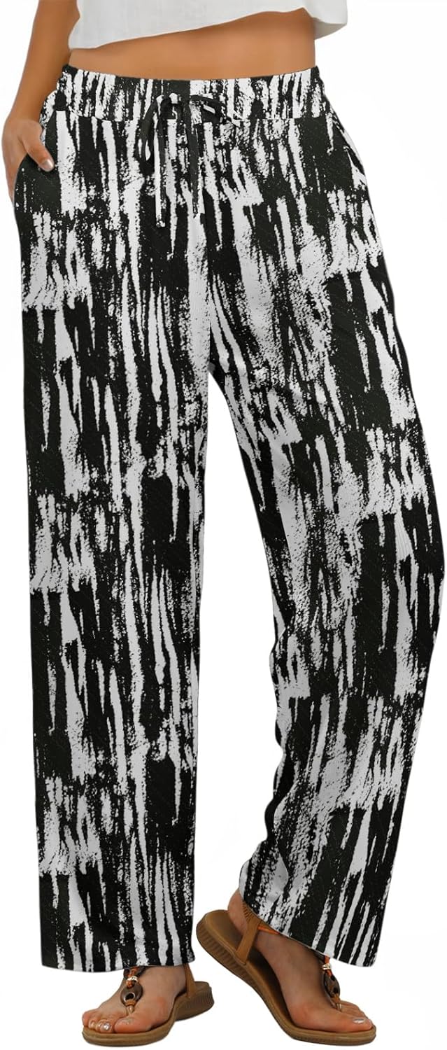 Feiersi Womens Wide Leg High Waisted Palazzo Pants Casual Stretchy Ribbed Trousers with Pockets - Image 2