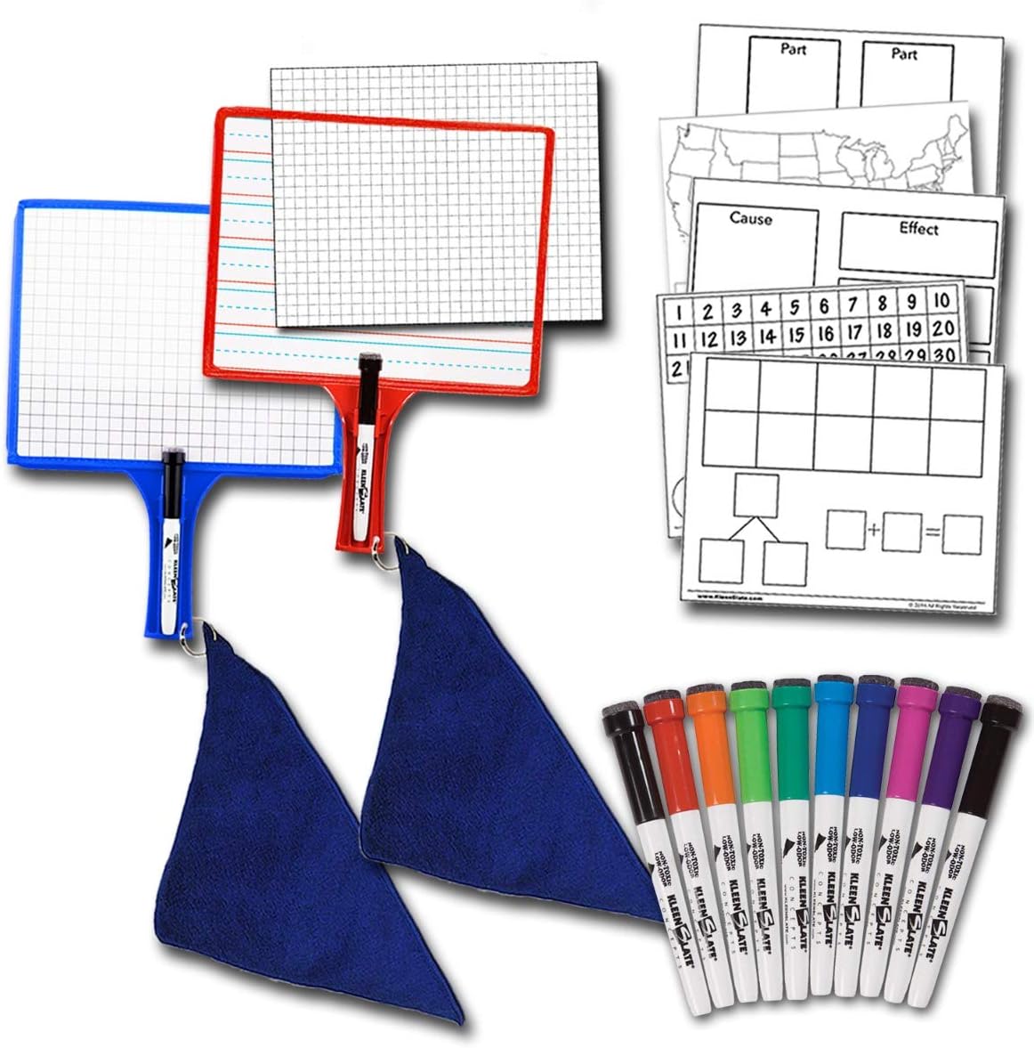 KleenSlate Home School Kit (2) 2-Sided Customizable Whiteboard with Clear Dry Erase Sleeve and 2 Dry Erase Markers & (1) Pack of 10 Assorted Color Markers & (1) Pack of Templates