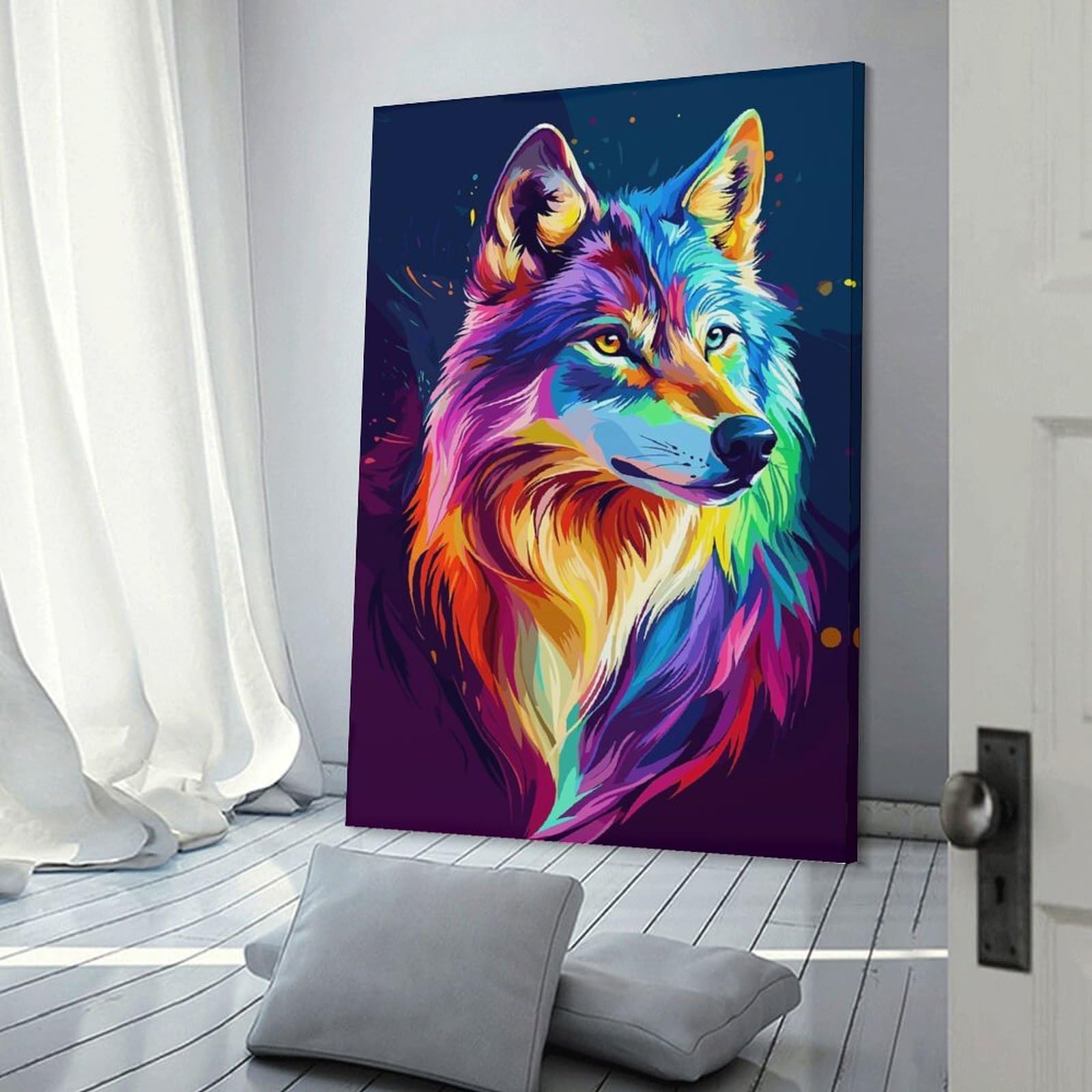Junmoney Colorful Wolf Portrait Room Decor Wall Art, 12x18inch(30x45cm), for Hallway, Lounge Or Guest Room, Gift Idea for Housewarming And Birthdays