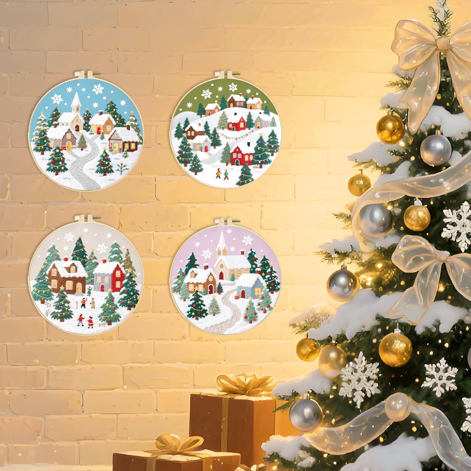 ORIGACH 4 Pcs Christmas Embroidery Kit for Beginners, Winter Town Stamped Design Embroidery Starter Kit Includes Cloth, Hoops, Threads & Needles