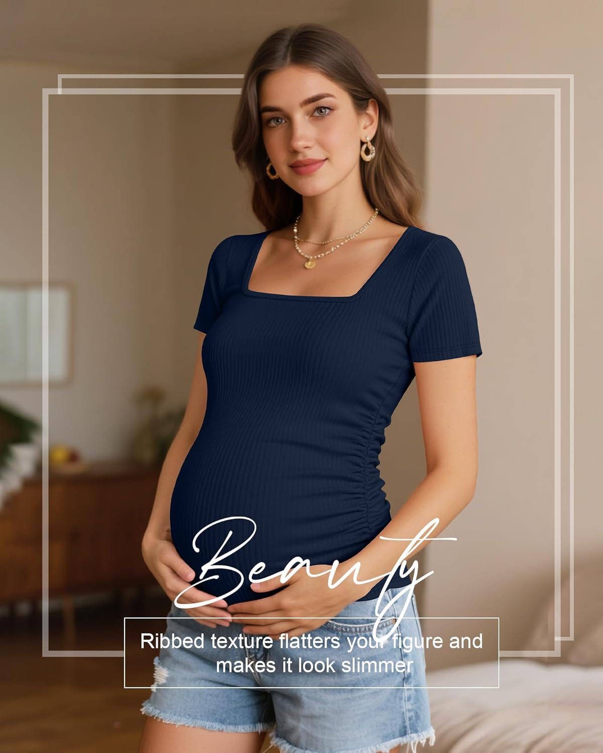 Huukeay 3 Pack Women's Maternity Shirt Ribbed Cotton Short Sleeve Maternity Top Square Neck Side Ruched Summer Pregnancy Tees - Image 2