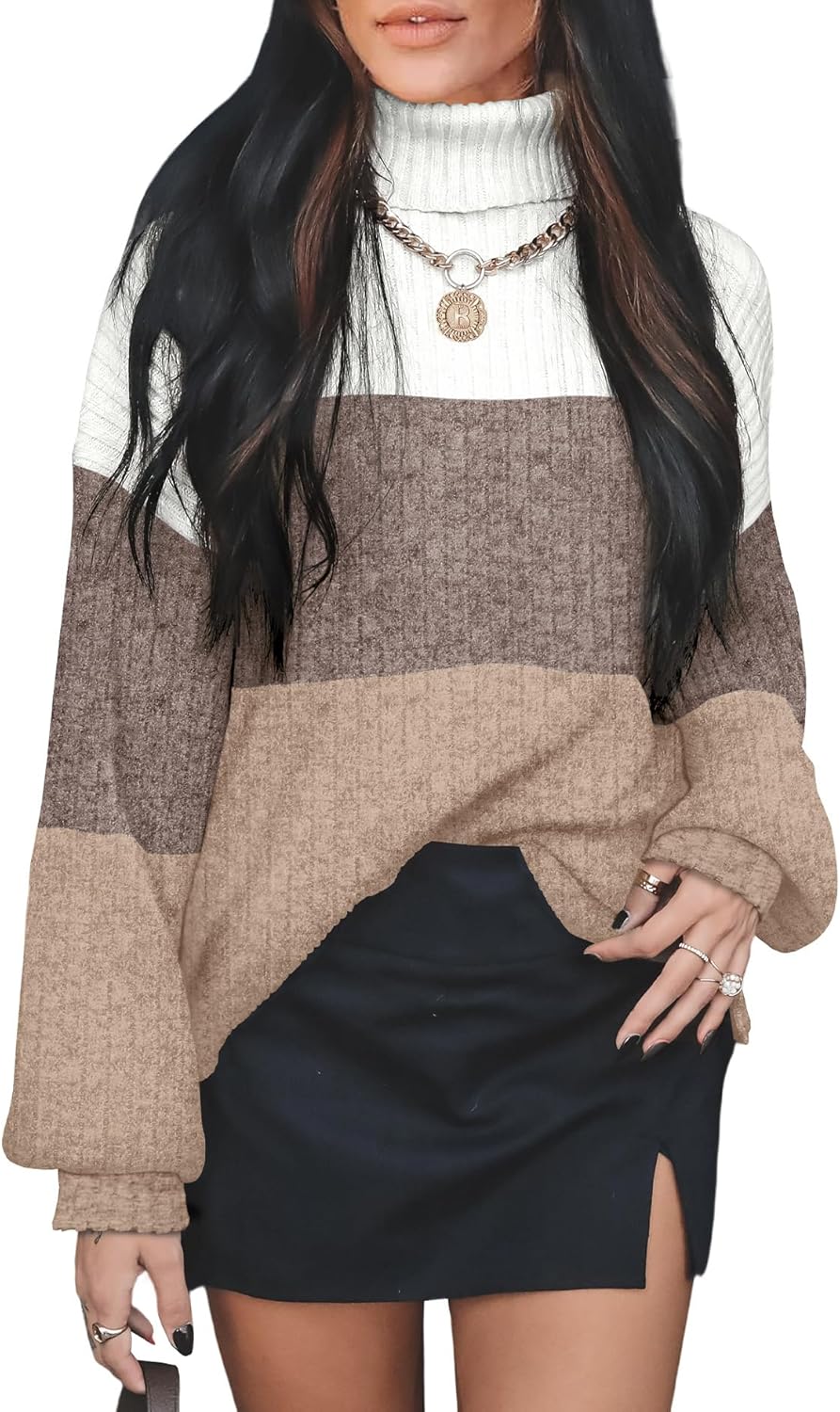 Turtlenecks Tops for Women Oversized Sweaters Fall Outfits 2026 Plus Size Clothes Long Sleeve Shirts Color Block