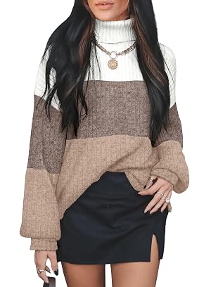 OFEEFAN Turtlenecks Tops for Women Oversized Sweaters Fall Outfits 2025 Plus Size Clothes Long Sleeve Shirts Color Block