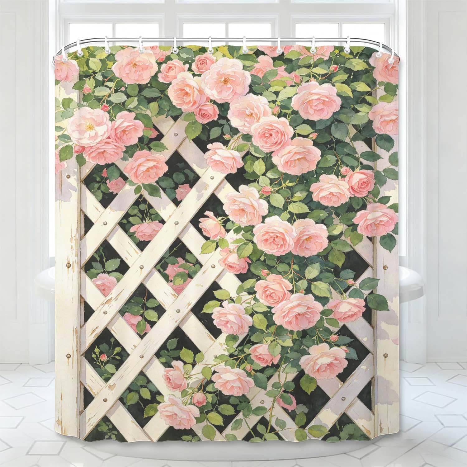 Rideau de douche rose 3D effet clôture en bois pour une décoration de salle de bain nature
