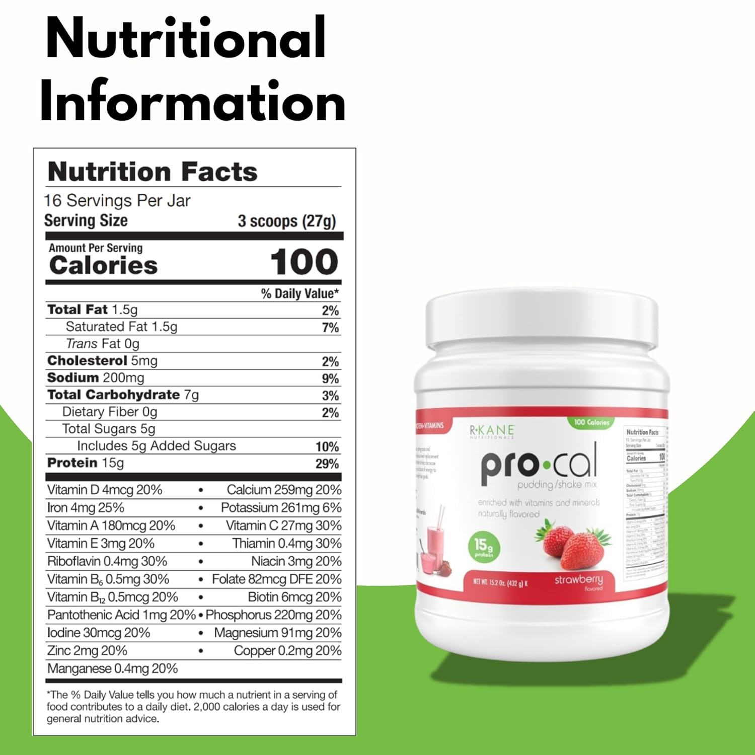 Pro-Cal Strawberry Meal Replacement Powder - High Protein, Low Calorie Shake & Pudding Mix - Low-Carb, Gluten Free - Breakfast Boost - Delicious & Easy to Prepare - 16 Servings, 15.2oz