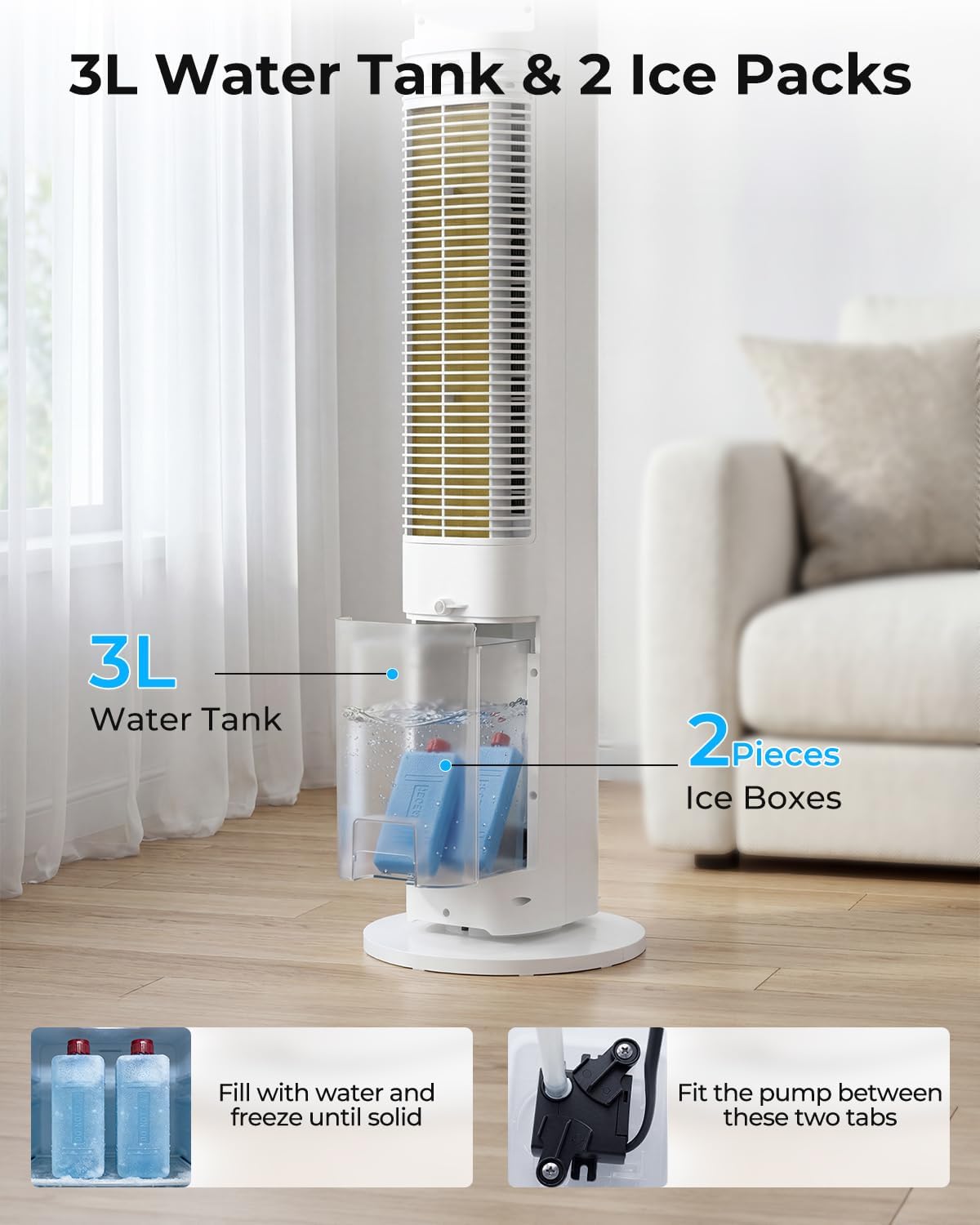 LEENON 3-in-1 Turmventilator mit Wasserkühlung, 38" Luftkühler (35dB leise), Fernbedienung, 3 Stufen & 4 Modi, 12H Timer, Oszillierend, Mobiler Verdunstungskühler für Schlafzimmer & Büro