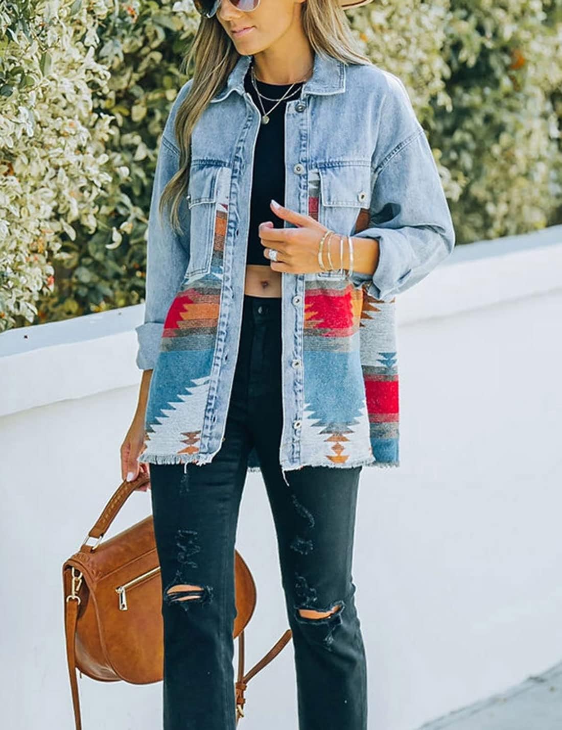 happlan Aztec Denim Jacket For Women Lapel Button Down Print Shirt Coat Shacket - Image 5
