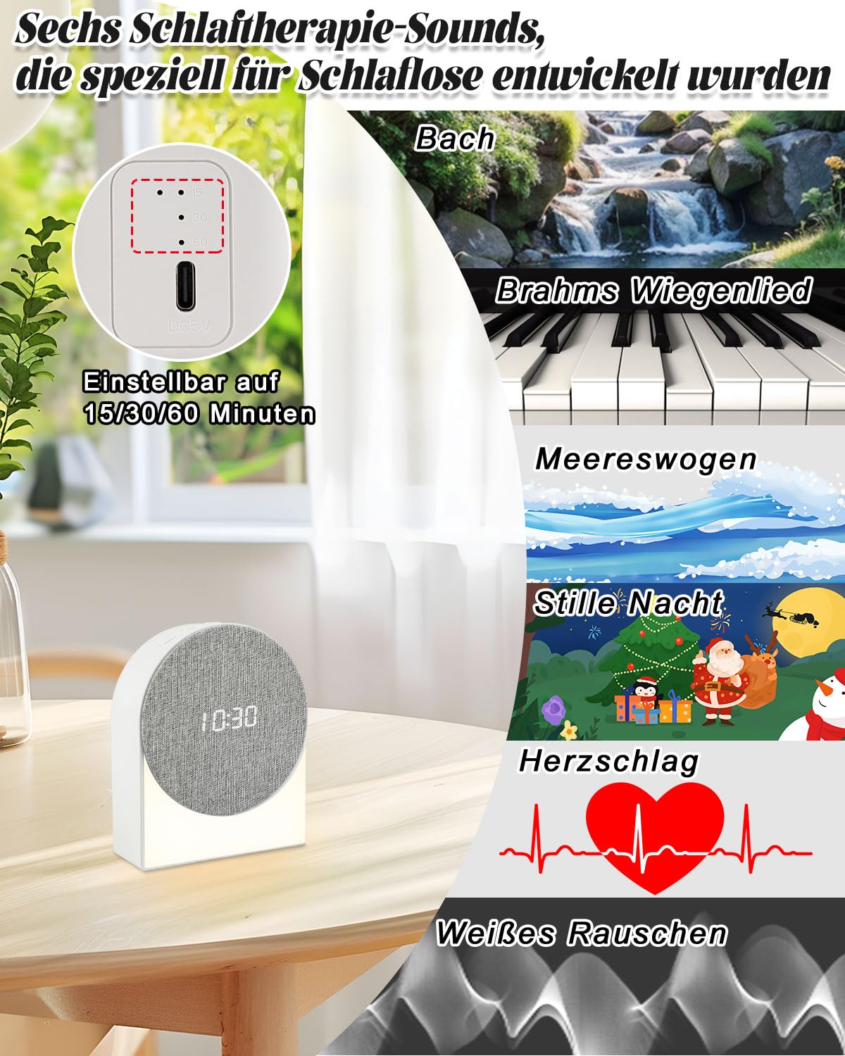 Ayybboo Réveil numérique Bluetooth pour enfant avec minuterie, veilleuse, aide au sommeil, 6 sons de réveil, idéal pour chambre d'enfant, chambre à coucher, cuisine, choix
