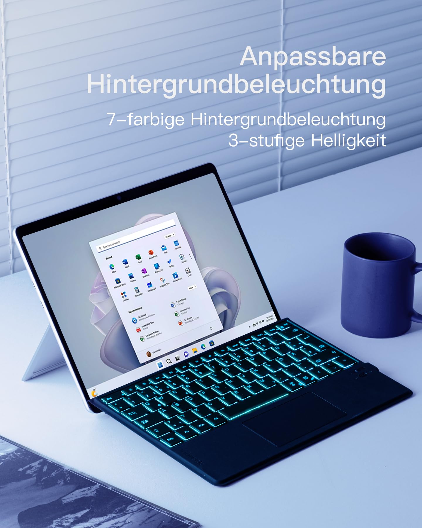 Inateck Surface Pro 9 Tastatur,Kompatibel mit Surface Pro 11/10/9/8/X, KI-Funktion,Surface Tastatur mit Touchpad 7-Farben Hintergrundbeleuchtung und Stifthalter,QWERTZ, KB05114
