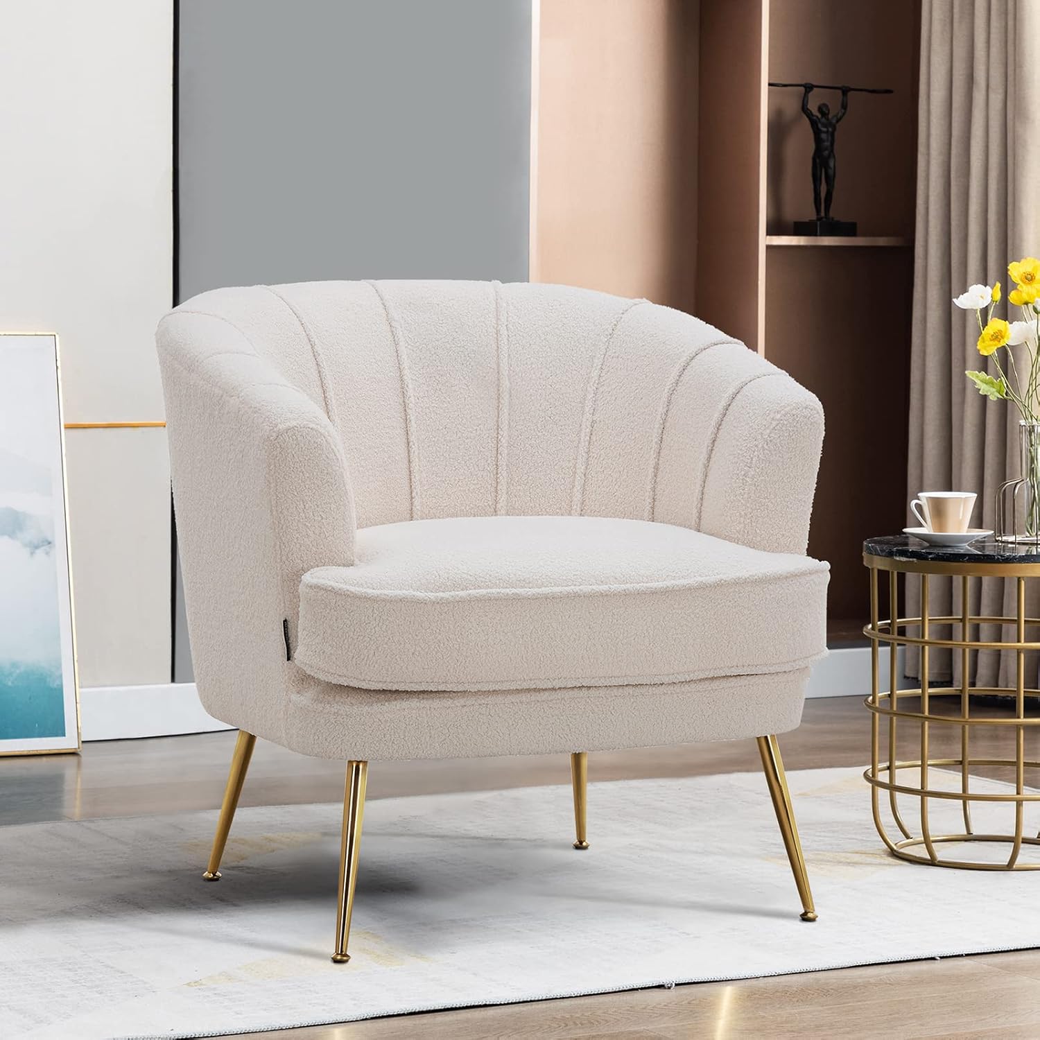 Artechworks Modern Teddy Velvet Barrel Chair Accent Armchair with Golden Legs for Living Room Bedroom Home Office, Channel Tufted Back Club Chair,White Cream