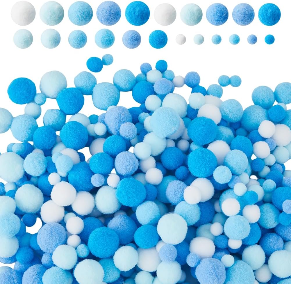 Hobbspring 1050Pcs Blue Pom Poms Balls 4 Styles Light Sky Blue White Polyester Cute Pompoms Christmas Crafts Small Pom Poms for Crafts Making Chanukah Holiday Party Decorations Mixed Size