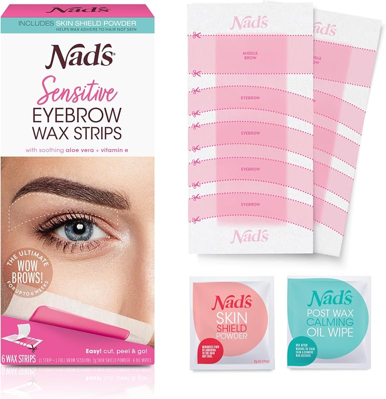 Nad's Eyebrow Wax Strips - Facial Hair Removal for Women - Eyebrow Wax Kit with 6 Eyebrow Waxing Strips + 6 Calming Oil Wipes + 2g Skin Protection Powder, 1 Count