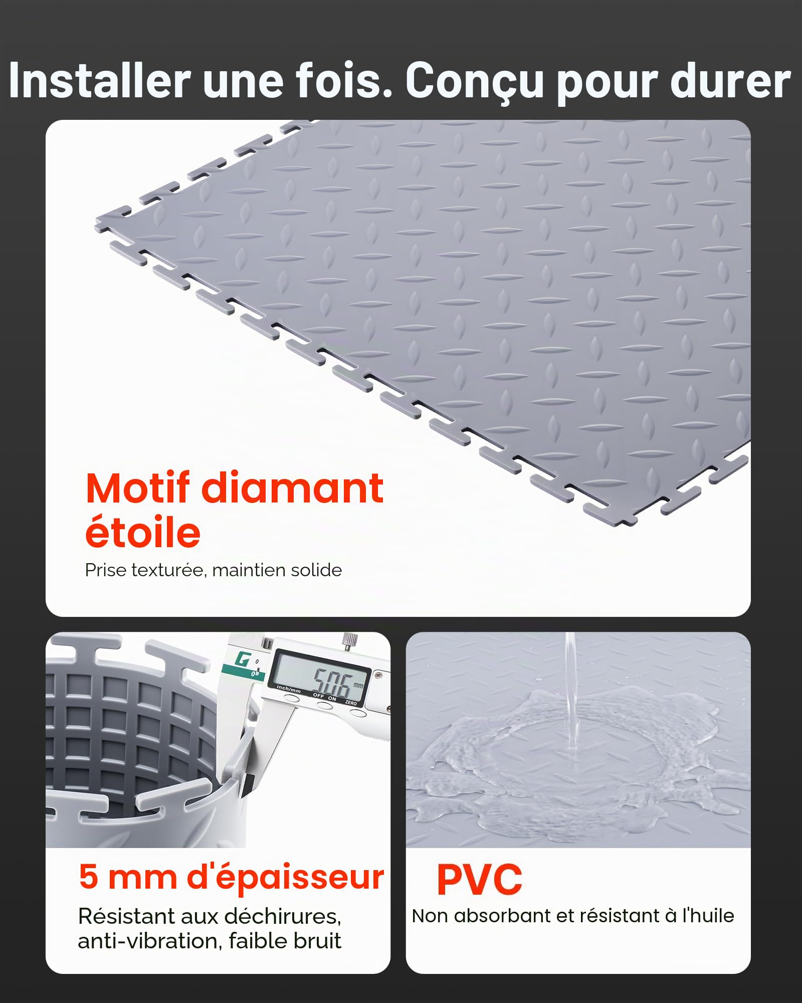 VEVOR Dalles de Garage Emboîtables, Lot de 16, Revêtement de Sol Garage Modulaire 513 x 513 x 5 mm, Tapis Antidérapants PVC pour Garages, Atelier de Réparation, Entrepôt, Local à Outils, Gris Clair