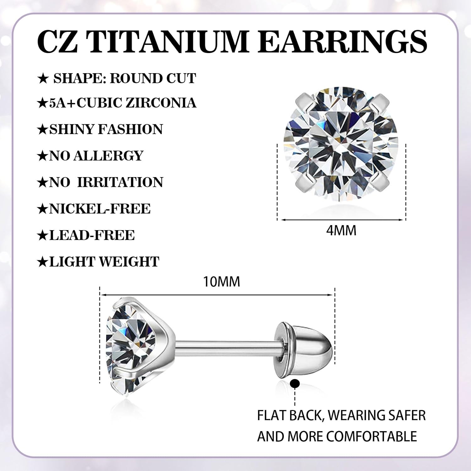 Round Cubic Zirconia Stud Earrings for Women Girls, 4mm Birthstone Stud Earrings Hypoallergenic Flat Back Stud Earrings Stainless Steel Cartilage Earrings Brilliant Handmade Screw Back Earrings - Image 2