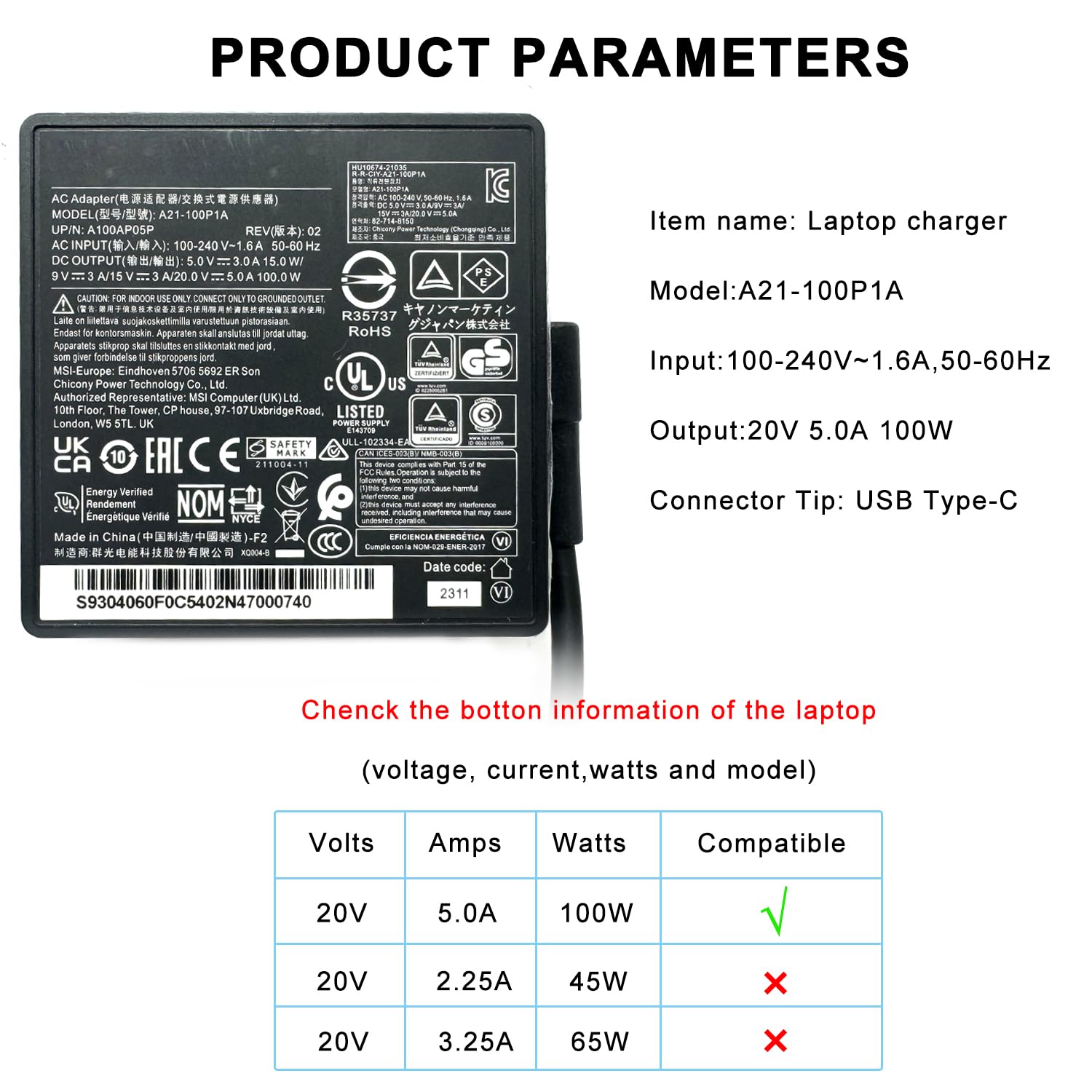 XITAIAN 100W USB Type-C Alimentatore Caricabatterie di Ricambio Per MSI Summit E16 E15 E14 E13 Flip Evo,MSI Prestige 13 14 15 16 Evo A10M A11M A12M A13M B13M A10RB A12UC A12SC A10SC A11SCS A21-100P1A