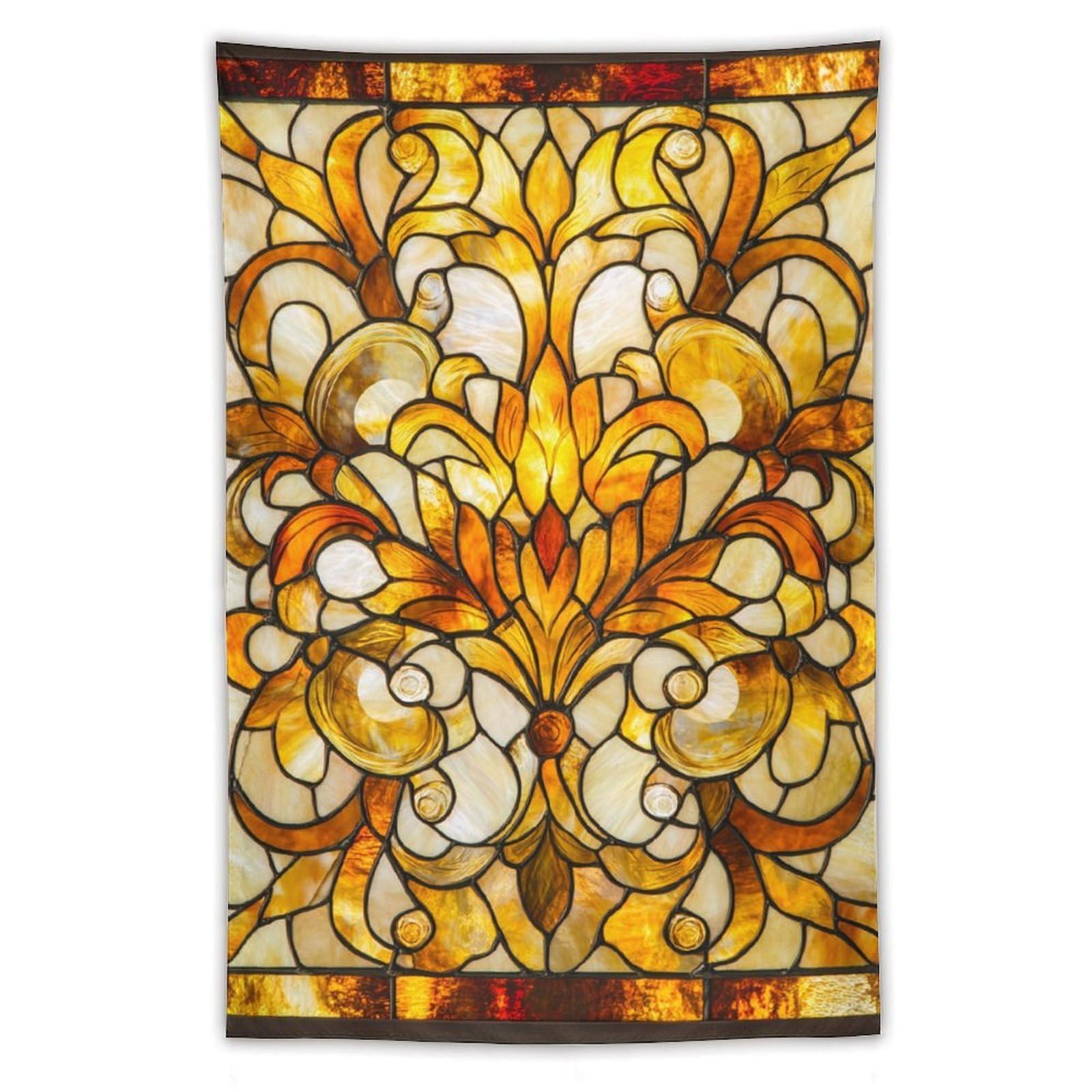 Jubonexis Stained Glass Panel Golden Yellows Floral Iridescent Tapestry Polyester Aesthetic Wall Hanging Bedroom Living Room Dorm Decor 40"x60"