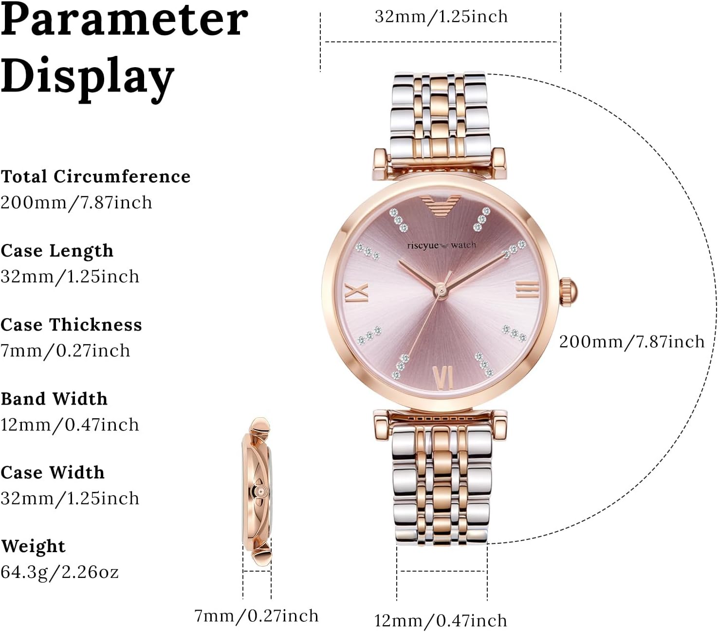LEO RING Women's Luxury Crystal Diamond Watch - Big Face Round Dial with Roman Numerals, Two-Tone Stainless Steel Bracelet, Elegant Dress Quartz Wristwatch for Women