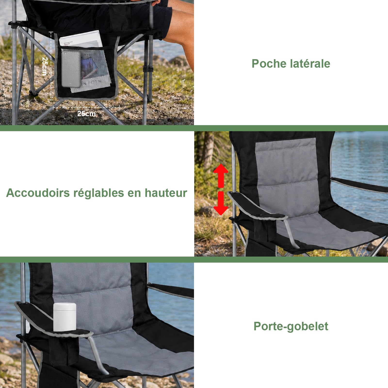 Chaise de Camping Pliable, capacité de Charge 160kg, Dossier Haut, Assise Large, rembourrée de Coton, Chaise de Camping XXL Confortable pour Camping, Festivals, Plage, Jardin et Balcon