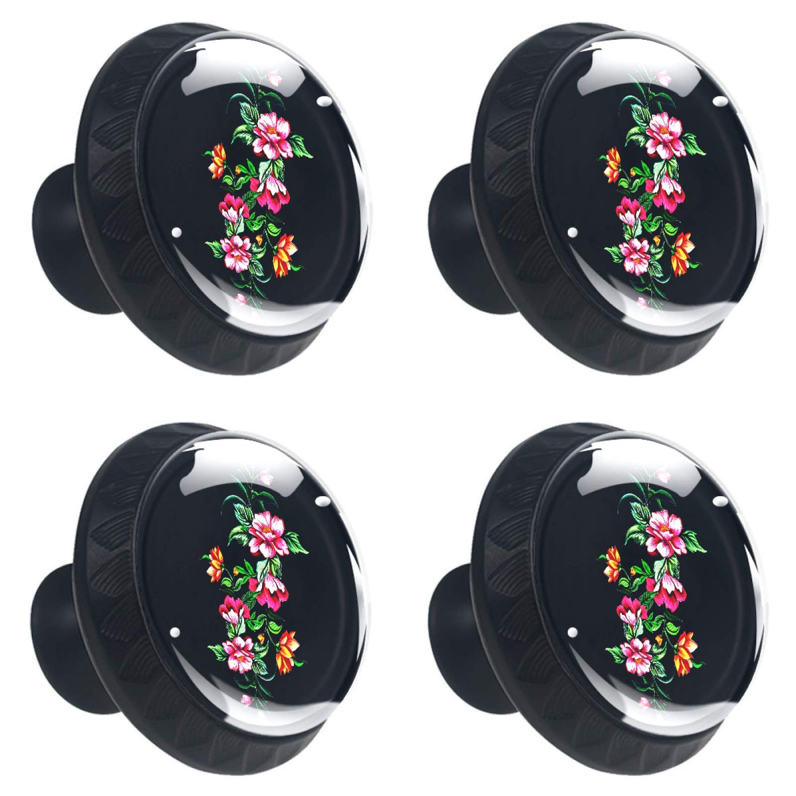 Boutons de meuble ronds en verre 30mm au motif floral tropical noir | Lot de 4