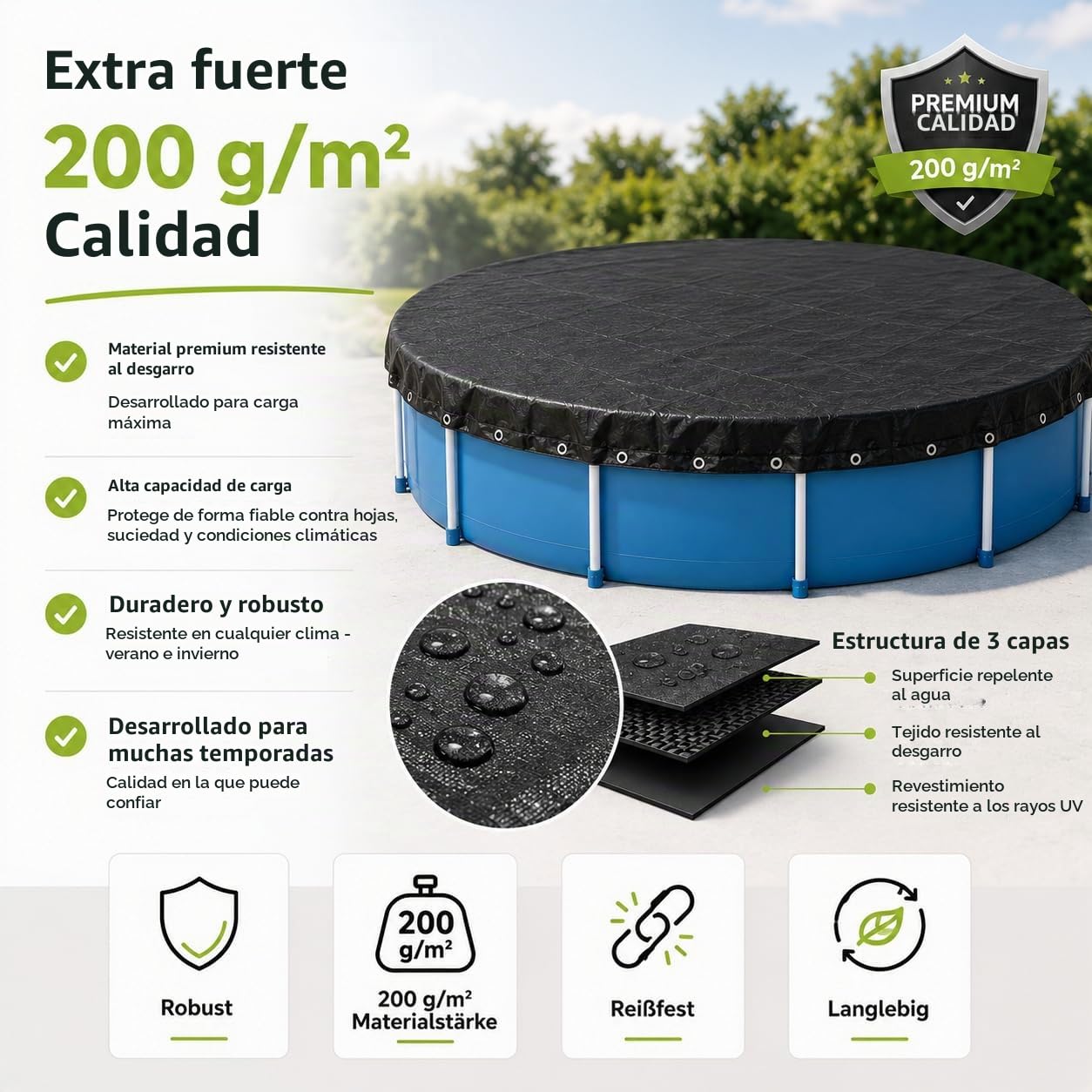 Cubierta de piscina redonda – Lona extra fuerte de 200 g/m² – Cubierta solar resistente a los rayos UV para verano e invierno – Lona de piscina resistente en color negro (366 – 400 cm (Ø 460 cm)