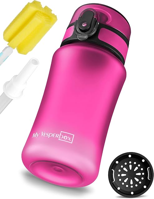 My Vesperbox Minny butelka na napoje dla dzieci, szczelna, ze słomką lub sitkiem, 350 ml, 500 ml, 750 ml, lekka, z tritanu, bez BPA, do przedszkola, szkoły (fioletowa, 350 ml)