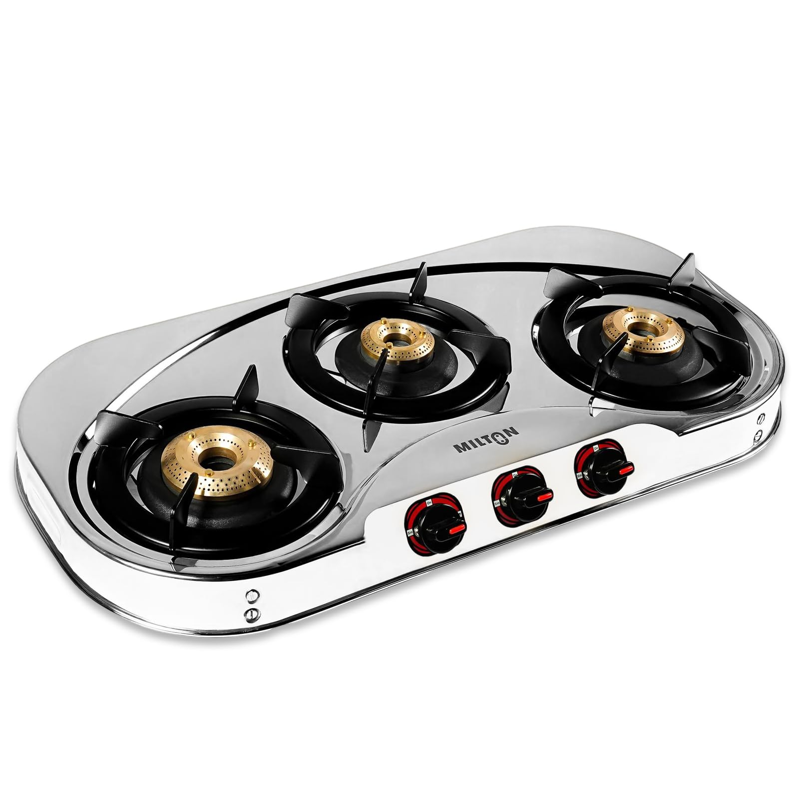 MILTON Royal Stainless Steel Gas Stove 3 Burners | ISI Certified Manual Ignition 3 Burner Gas Stove | 360 Degree Nozzle | High Powered Brass Burners | 1 Year Manufacturer's Warranty