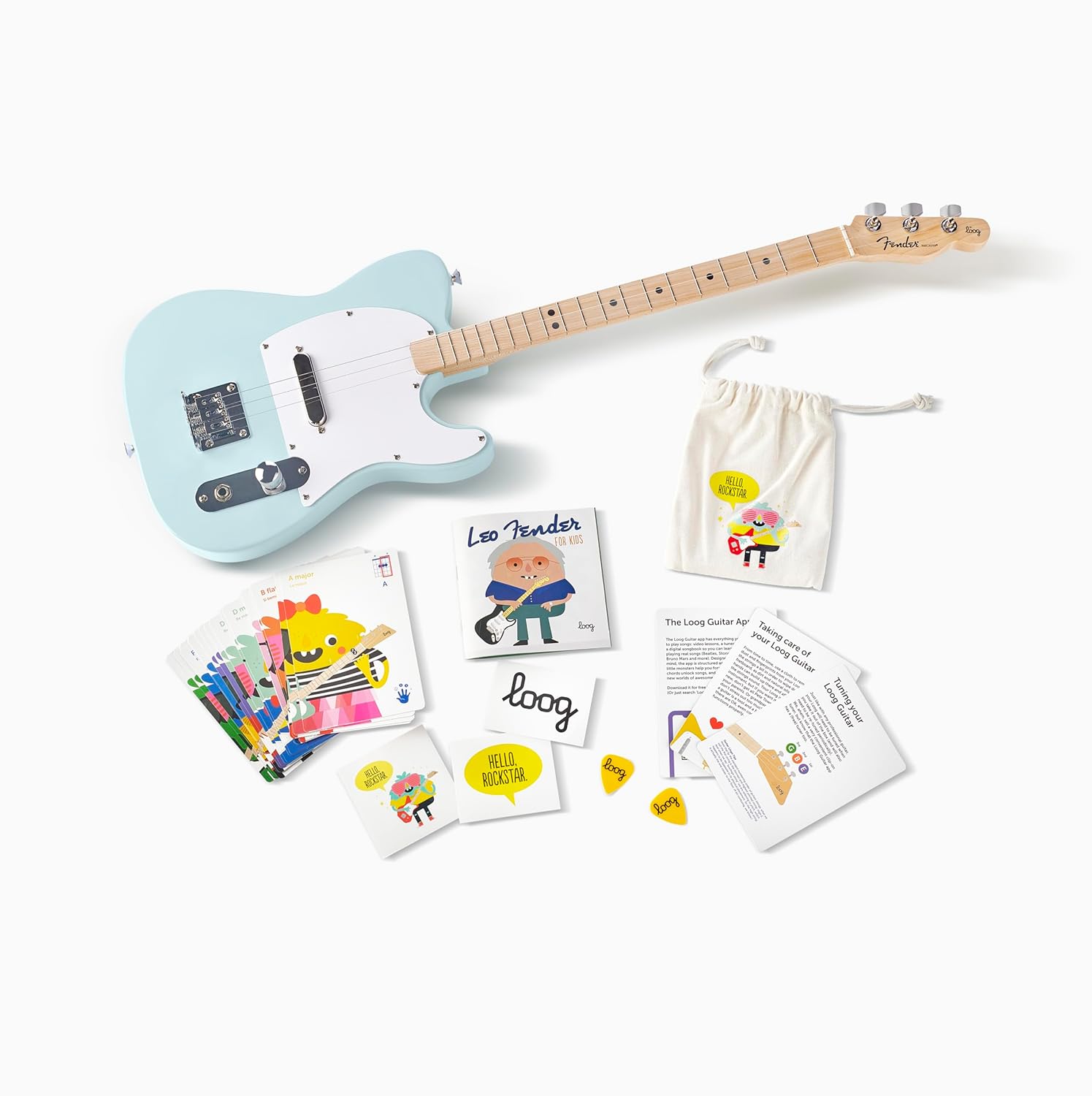 Fender Loog Telecaster 3-String Electric Guitar for Kids, Beginner Guitar, Includes Chord Flash Cards, Learning App, Educational Booklet, Picks, and Stickers, Sonic Blue