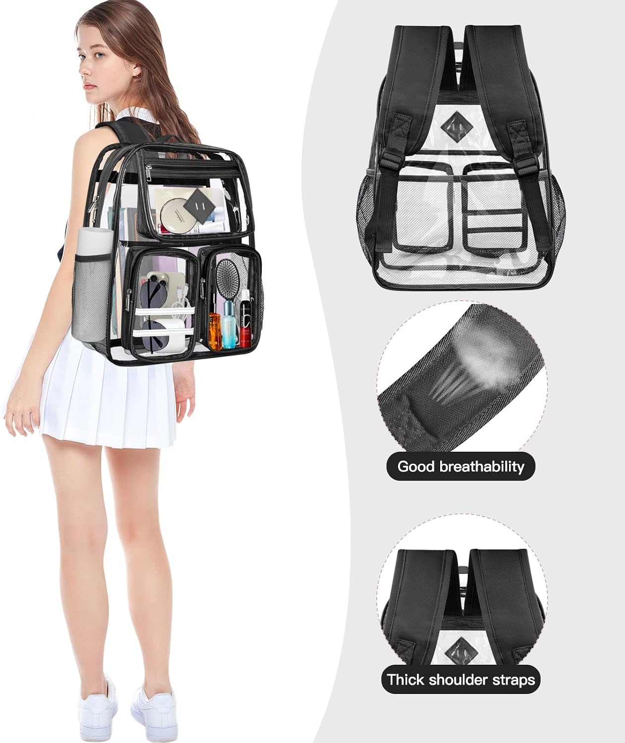 Kids' Backpacks,Transparent Backpack, with Water-Resistant PVC Plastic Material and Ruggedly Reinforced Shoulder Straps, Clear (Black)
